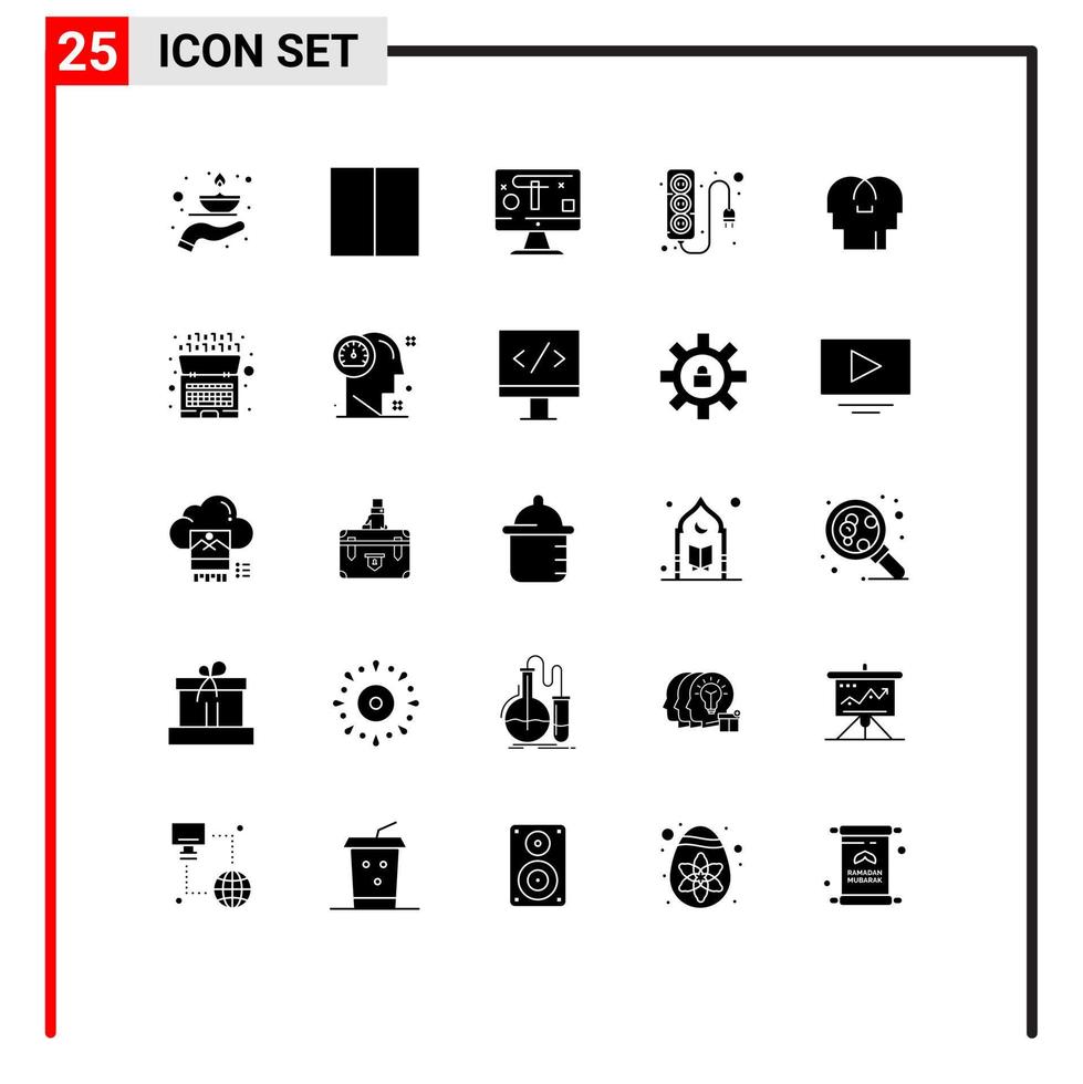 Group of 25 Solid Glyphs Signs and Symbols for mind empathy design power supply plug Editable Vector Design Elements