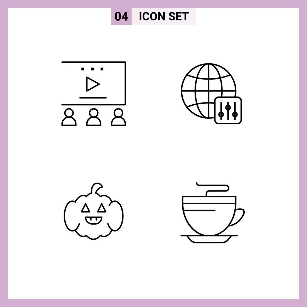 Mobile Interface Line Set of 4 Pictograms of online advertisement usa video tutorials server settings coffee Editable Vector Design Elements