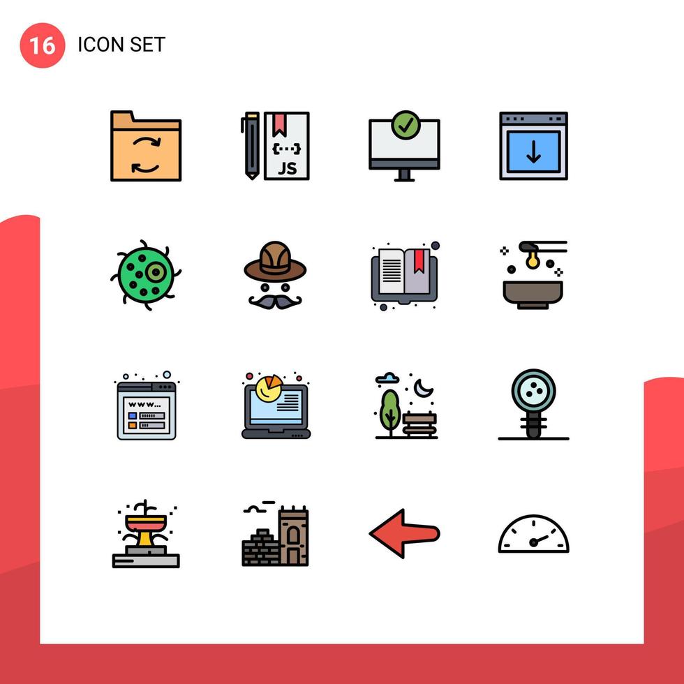 Pack of 16 Modern Flat Color Filled Lines Signs and Symbols for Web Print Media such as south down computers arrow hardware Editable Creative Vector Design Elements