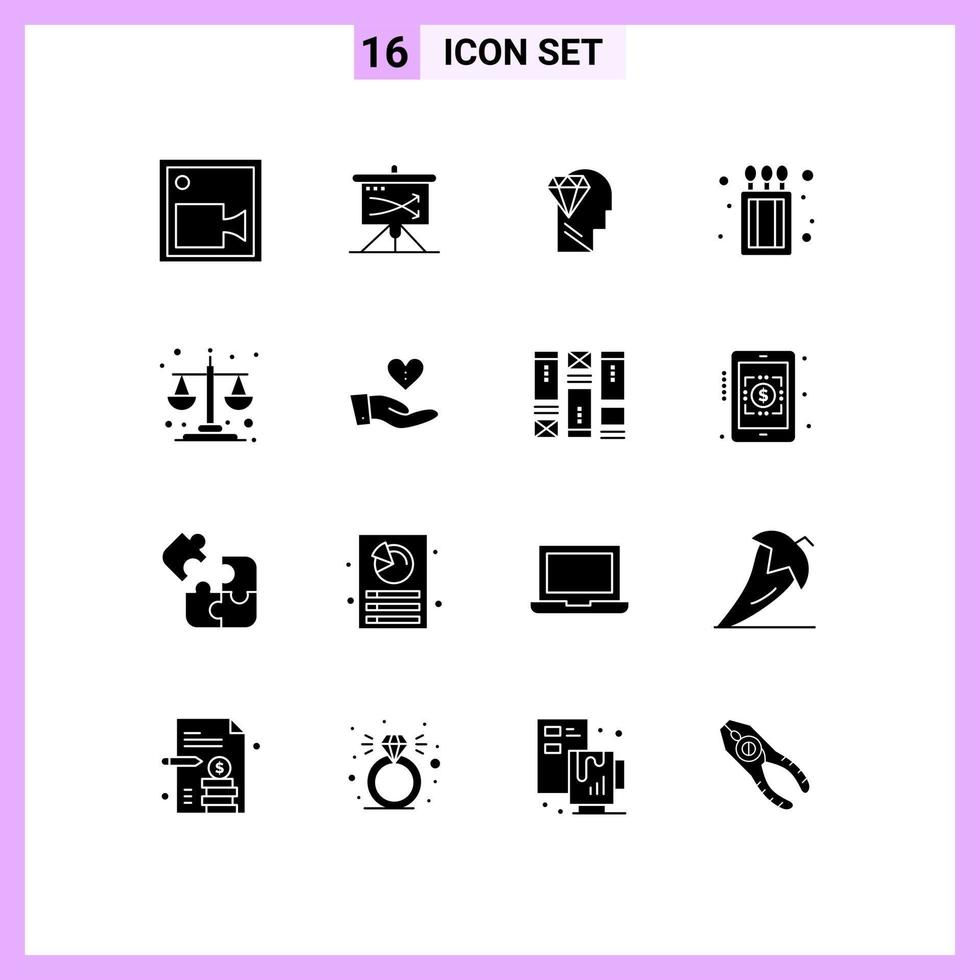 Pictogram Set of 16 Simple Solid Glyphs of balance scale match box graph fire head Editable Vector Design Elements