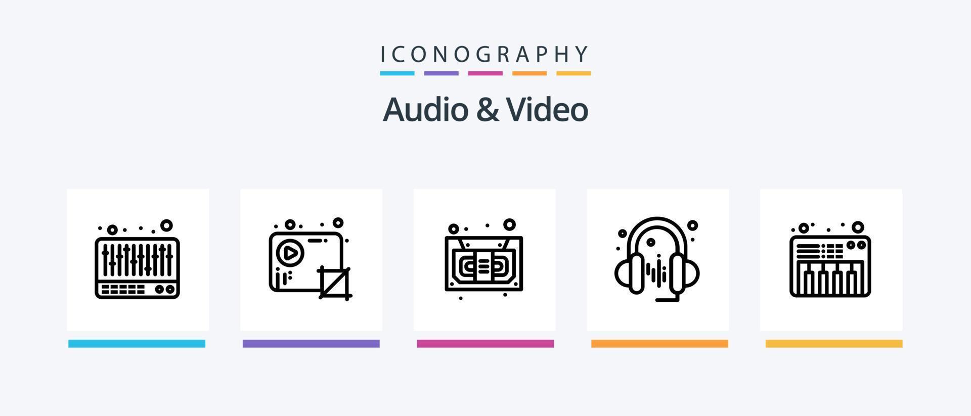 paquete de iconos de línea 5 de audio y video que incluye medios. audio. lente. video. película. diseño de iconos creativos vector
