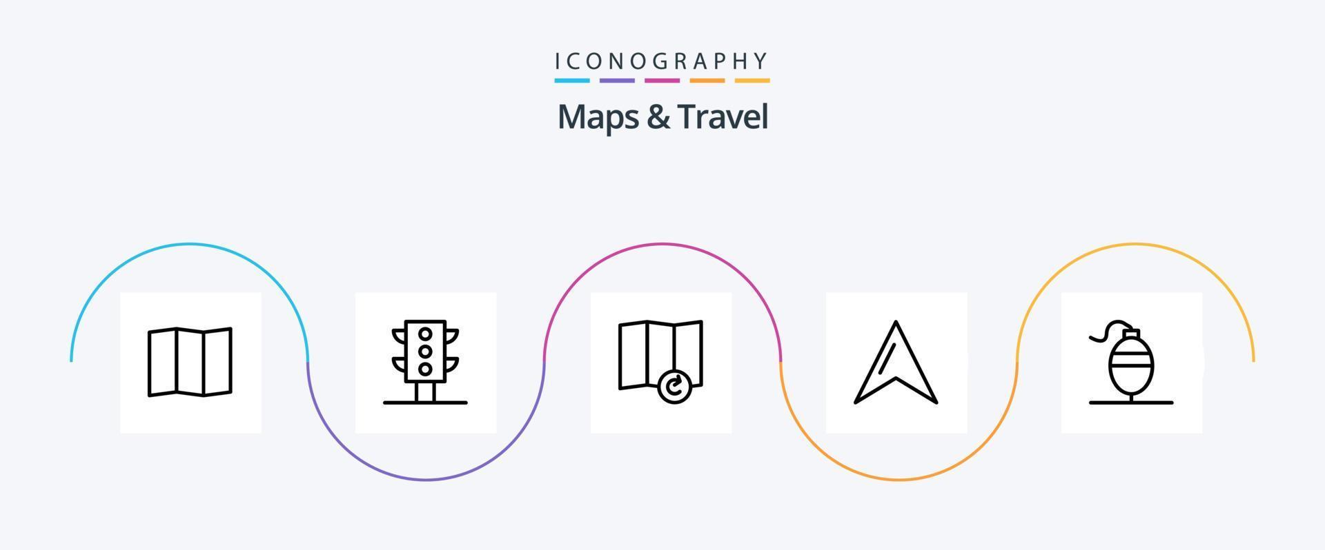 mapas y paquete de iconos de la línea de viaje 5 que incluye. mapa. pesca vector