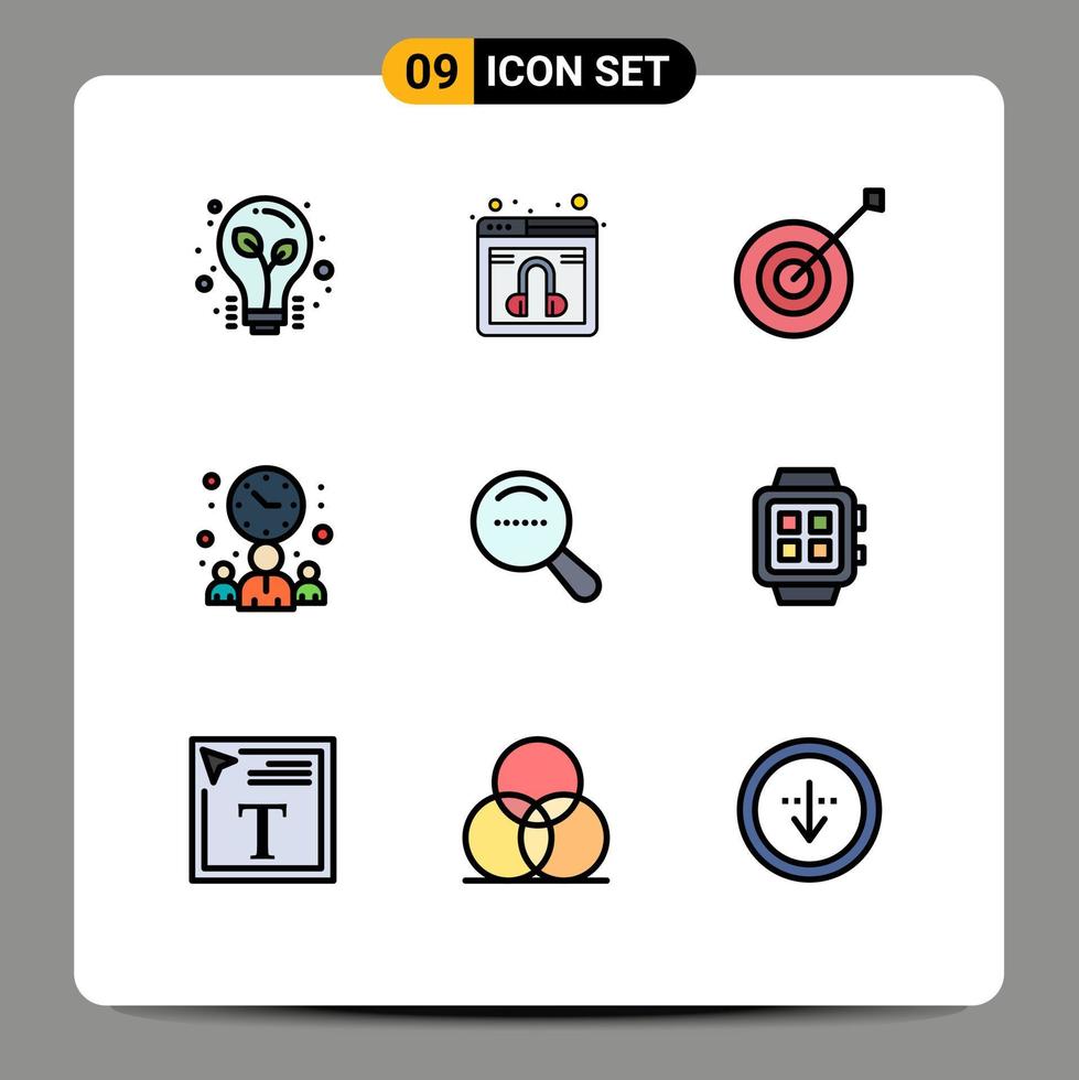 Pack of 9 Modern Filledline Flat Colors Signs and Symbols for Web Print Media such as search time archery office businessman Editable Vector Design Elements