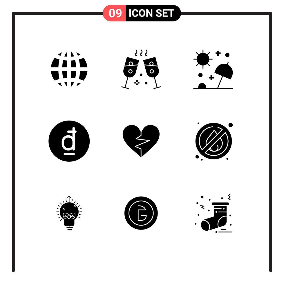 Universal Icon Symbols Group of 9 Modern Solid Glyphs of like heart sea vietnamese currency Editable Vector Design Elements