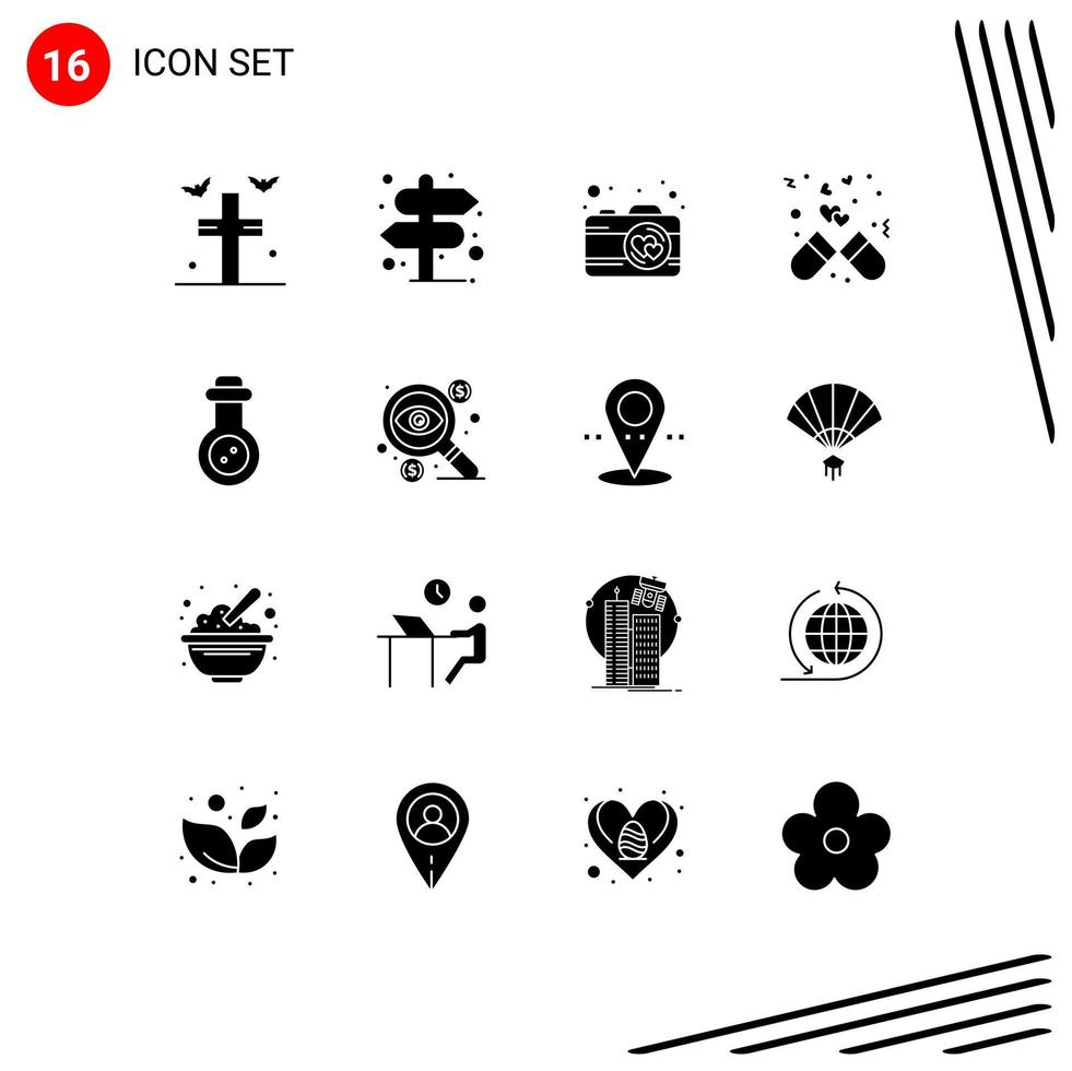 16 Universal Solid Glyphs Set for Web and Mobile Applications mass weapon medicine camera love dose Editable Vector Design Elements