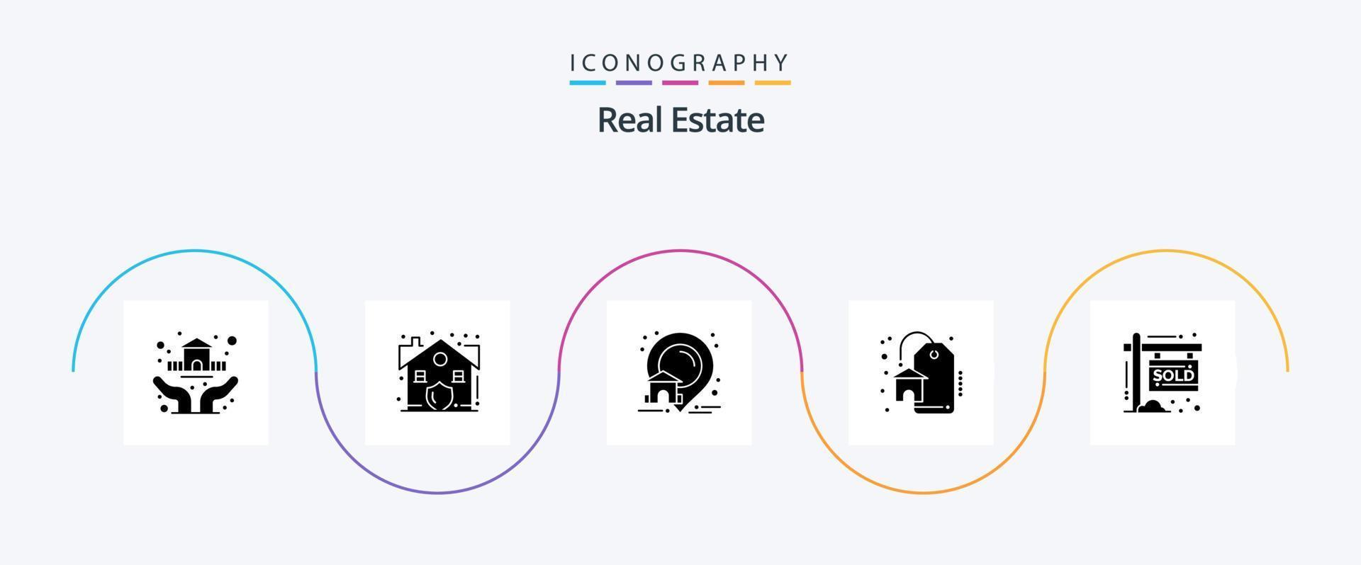 paquete de iconos de glifo 5 de bienes raíces que incluye vendido. casa. bienes. venta. descuento vector