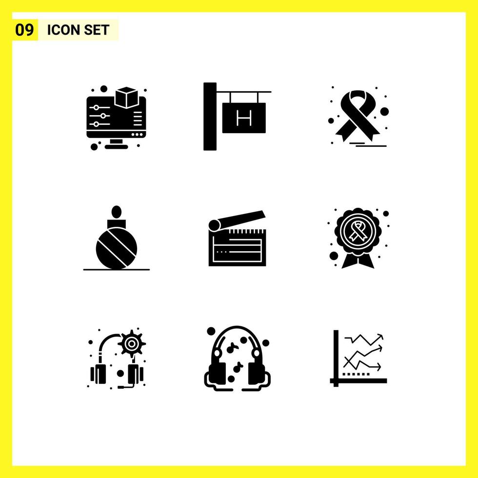 Solid Glyph Pack of 9 Universal Symbols of clapper board oncology action christmas ball Editable Vector Design Elements