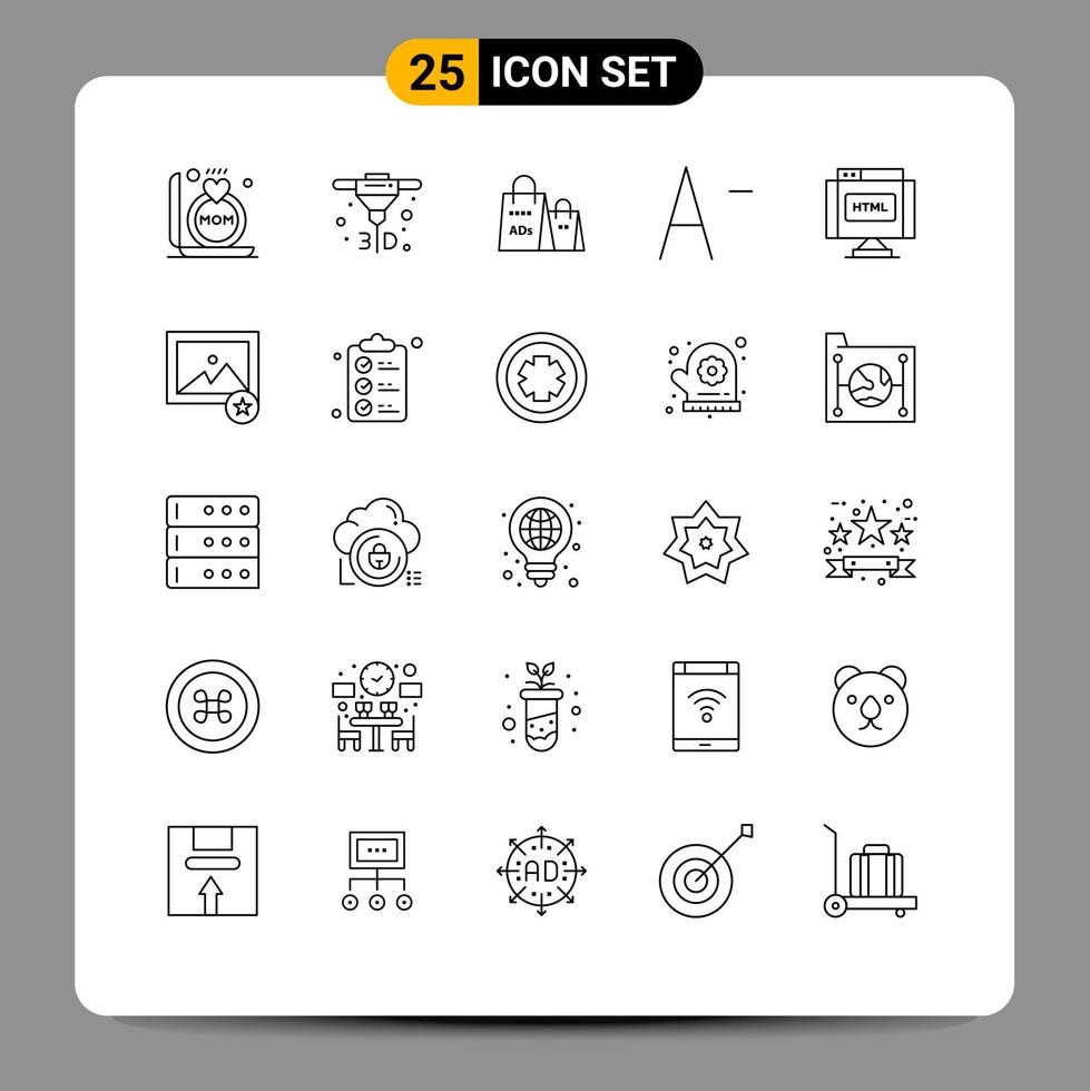 Pack of 25 Modern Lines Signs and Symbols for Web Print Media such as internet find bag code decrease Editable Vector Design Elements