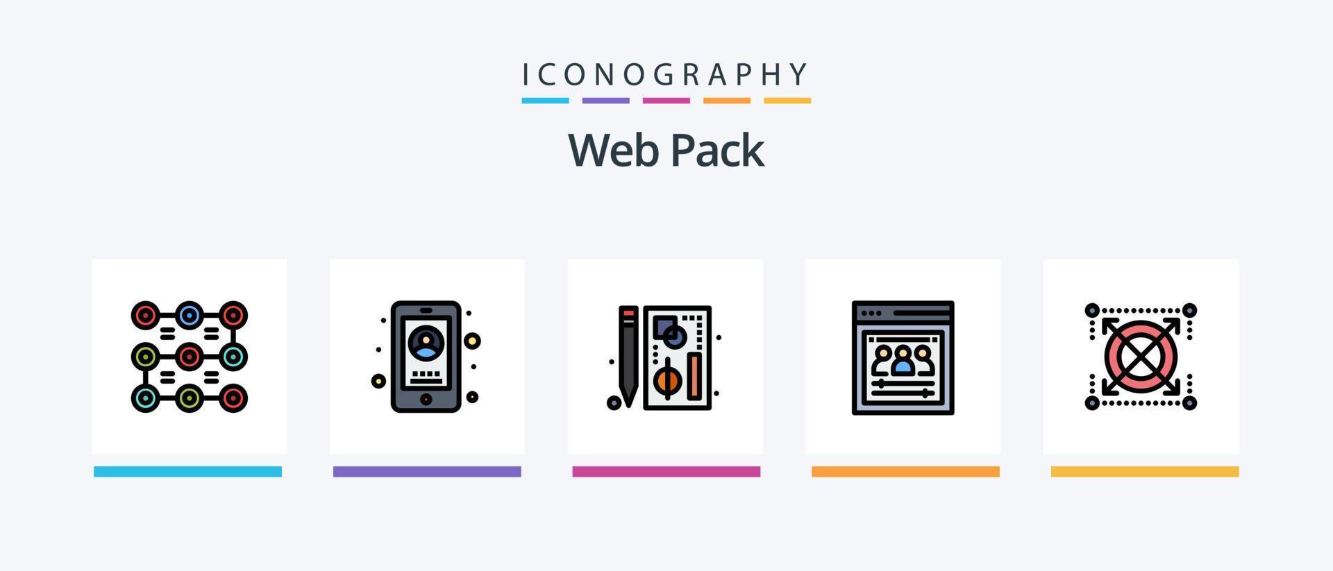 la línea del paquete web llenó el paquete de 5 íconos que incluye el centro de datos. prueba dividida. página de la organización. método. pruebas. diseño de iconos creativos vector