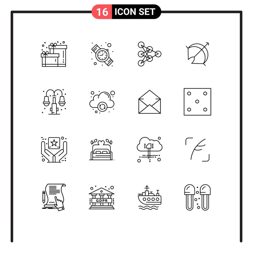 16 User Interface Outline Pack of modern Signs and Symbols of light city algorithm sport target Editable Vector Design Elements