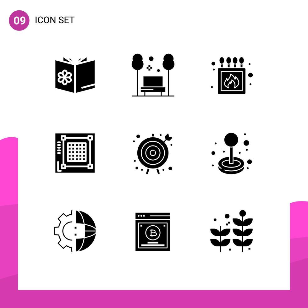 Pack of 9 Modern Solid Glyphs Signs and Symbols for Web Print Media such as web grid relax design match Editable Vector Design Elements