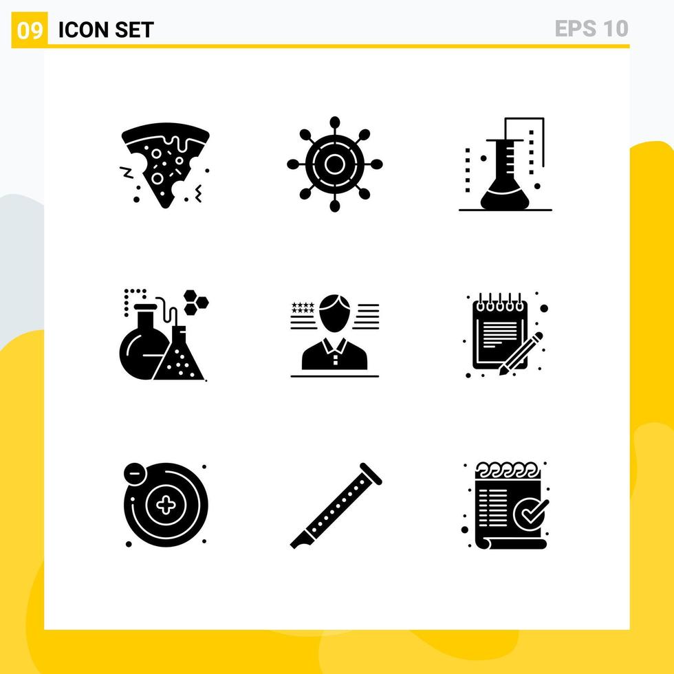 Set of 9 Vector Solid Glyphs on Grid for flag man science lab tube lab Editable Vector Design Elements