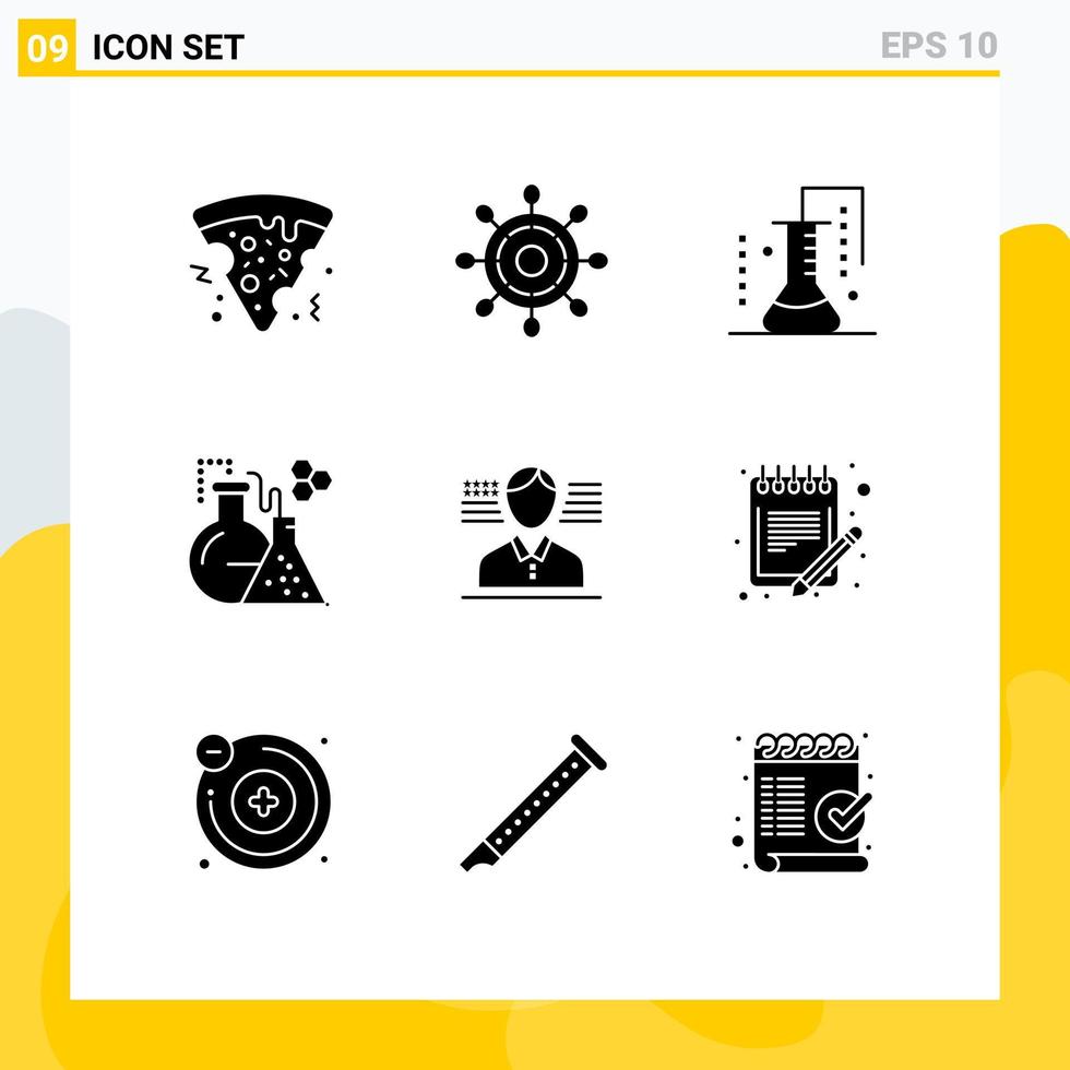 conjunto de 9 glifos sólidos vectoriales en cuadrícula para elementos de diseño de vectores editables de laboratorio de ciencia de hombre de bandera