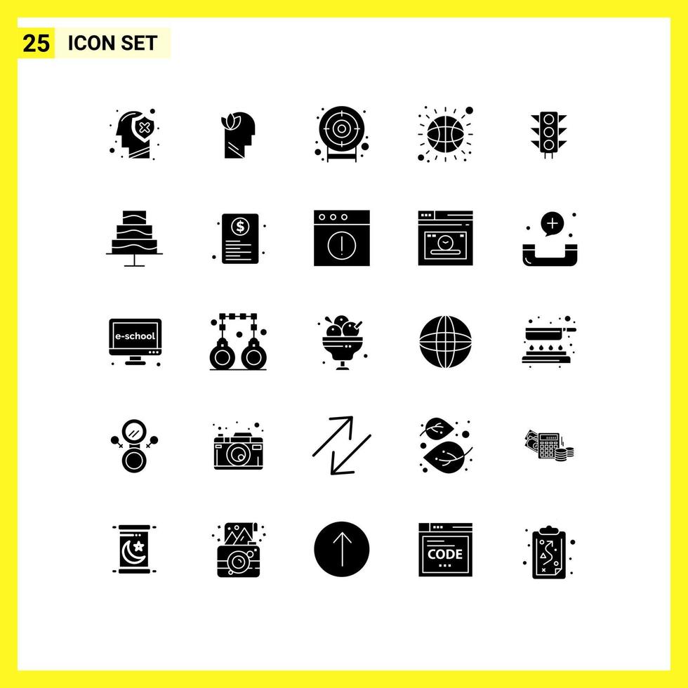 25 User Interface Solid Glyph Pack of modern Signs and Symbols of light trafic head sport ball Editable Vector Design Elements