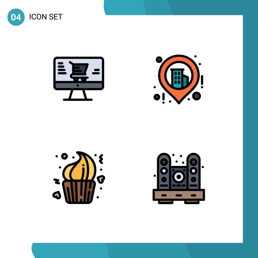 Mobile Interface Filledline Flat Color Set of 4 Pictograms of monitor day business bakery desk Editable Vector Design Elements