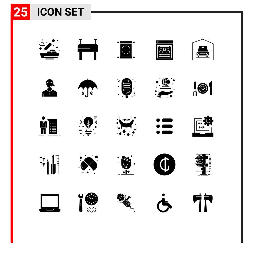 Group of 25 Modern Solid Glyphs Set for arbiter van china garage web developers Editable Vector Design Elements