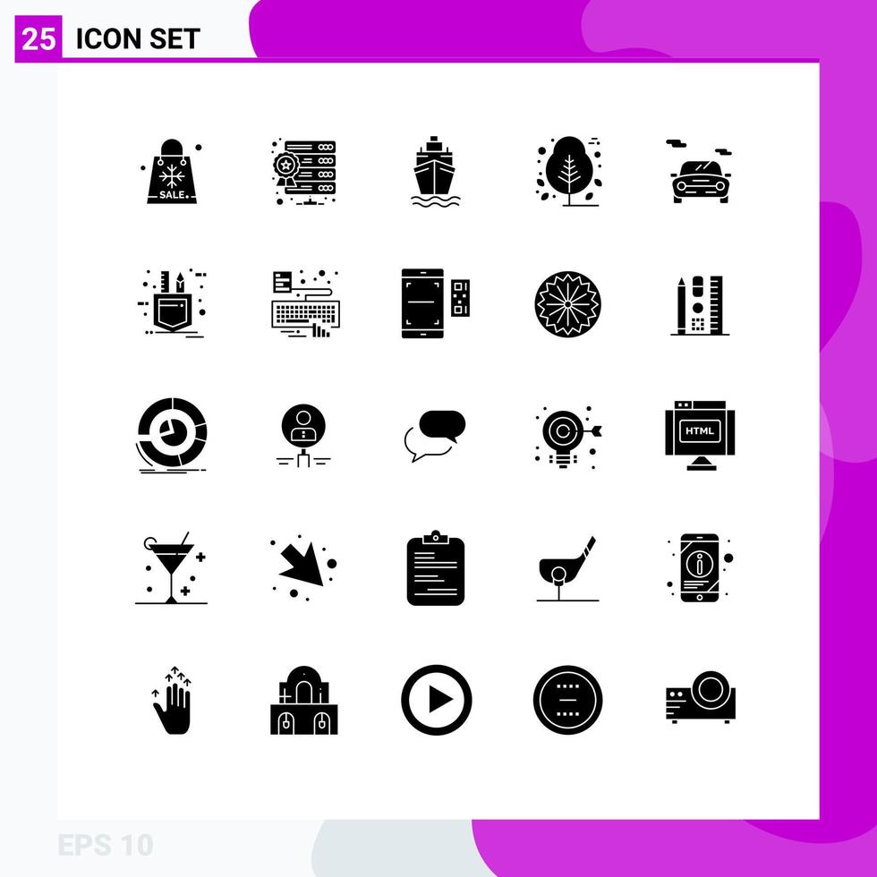 Group of 25 Solid Glyphs Signs and Symbols for car tree web hosting plant thanks day Editable Vector Design Elements