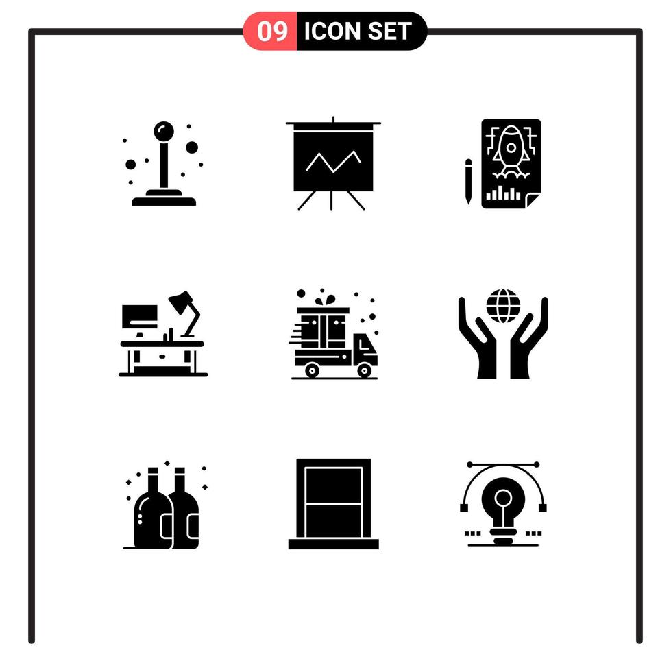 9 iconos creativos signos y símbolos modernos de cuidado cyber lunes cohete presente mesa de oficina elementos de diseño vectorial editables vector