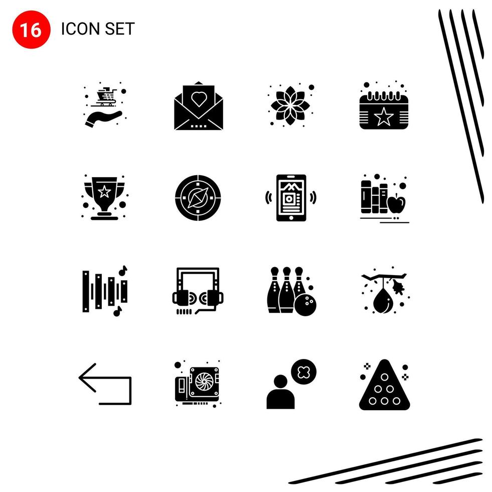 16 User Interface Solid Glyph Pack of modern Signs and Symbols of prize date beauty event calendar Editable Vector Design Elements