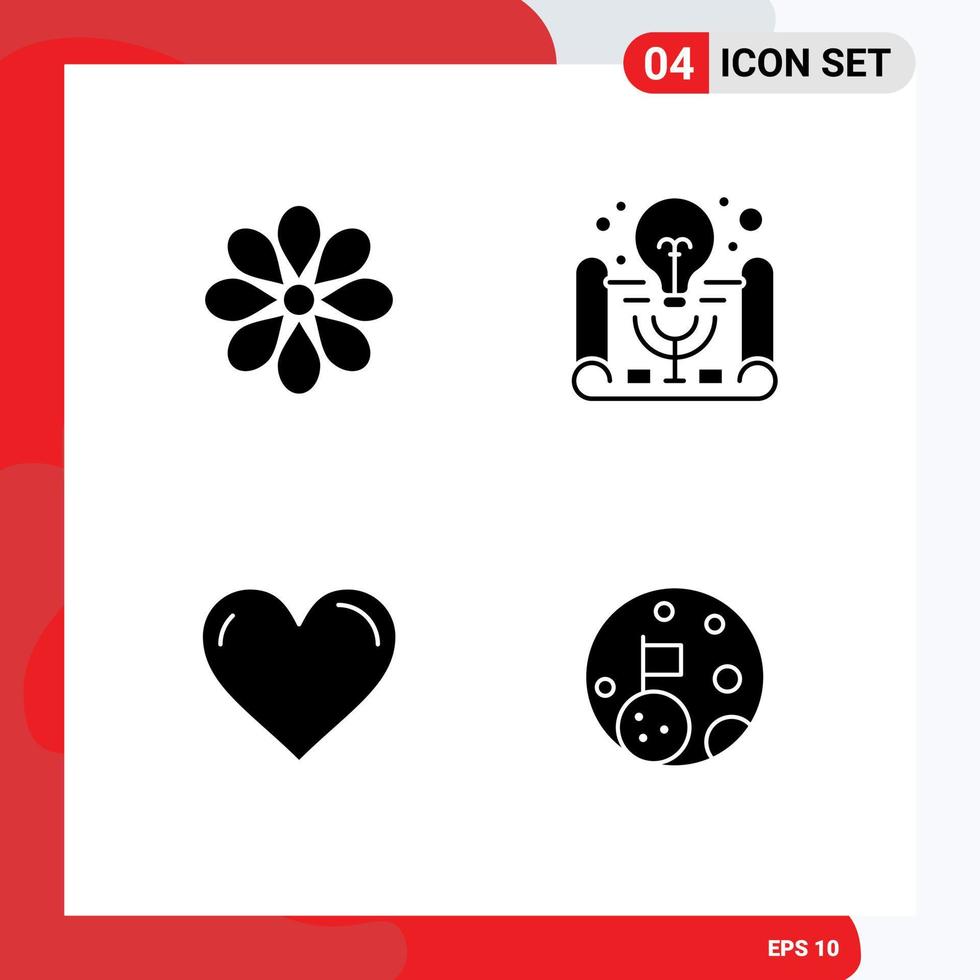 4 Universal Solid Glyph Signs Symbols of flower heart flower business idea like Editable Vector Design Elements