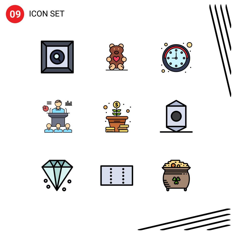 Modern Set of 9 Filledline Flat Colors Pictograph of tree growth time seminar convention Editable Vector Design Elements