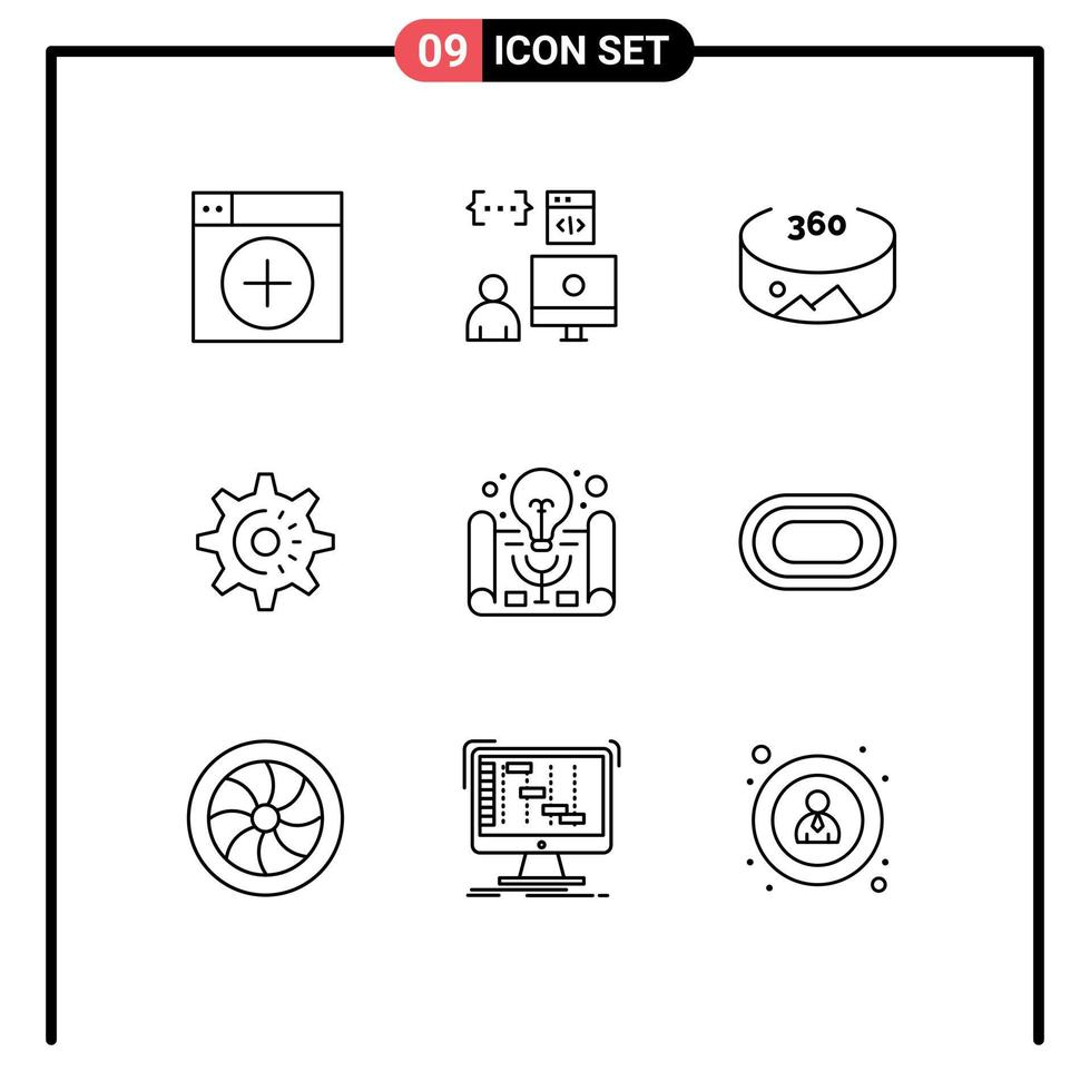 9 User Interface Outline Pack of modern Signs and Symbols of business idea idea development setting cog Editable Vector Design Elements