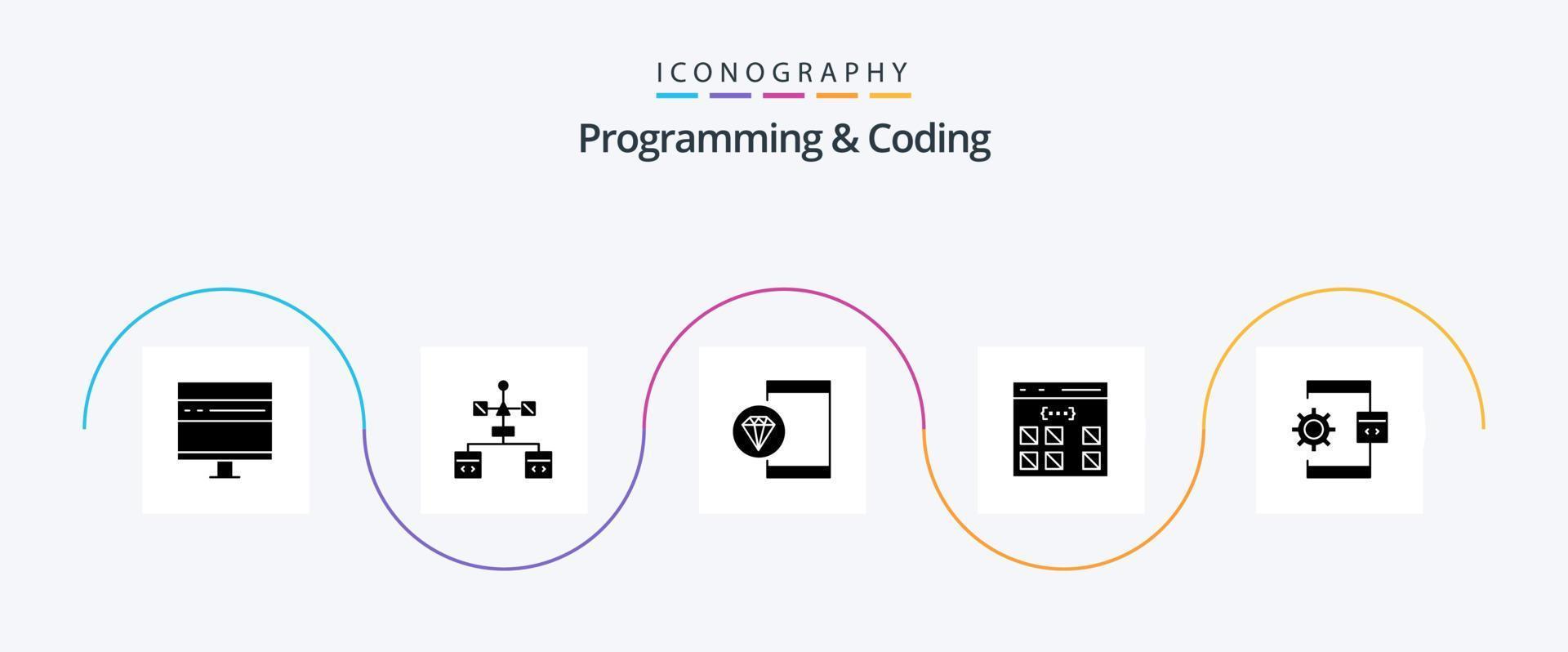 Programming And Coding Glyph 5 Icon Pack Including develop. app. develop. programming. develop vector