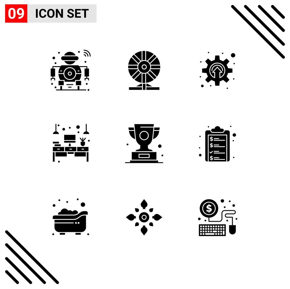 9 Thematic Vector Solid Glyphs and Editable Symbols of table desk laboratory computer gear Editable Vector Design Elements