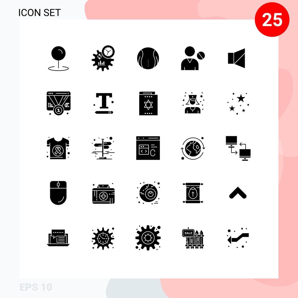 Set of 25 Commercial Solid Glyphs pack for off user tennis people human Editable Vector Design Elements