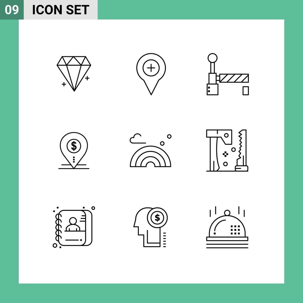 9 símbolos de signos de contorno universal de ubicación comercial más elementos de diseño vectorial editables en dólares de mapa vector