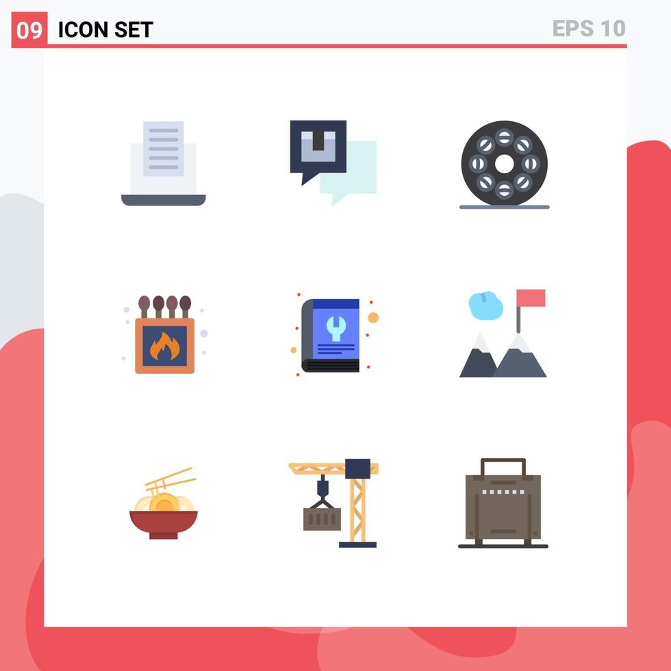Flat Color Pack of 9 Universal Symbols of manual box media match camping Editable Vector Design Elements