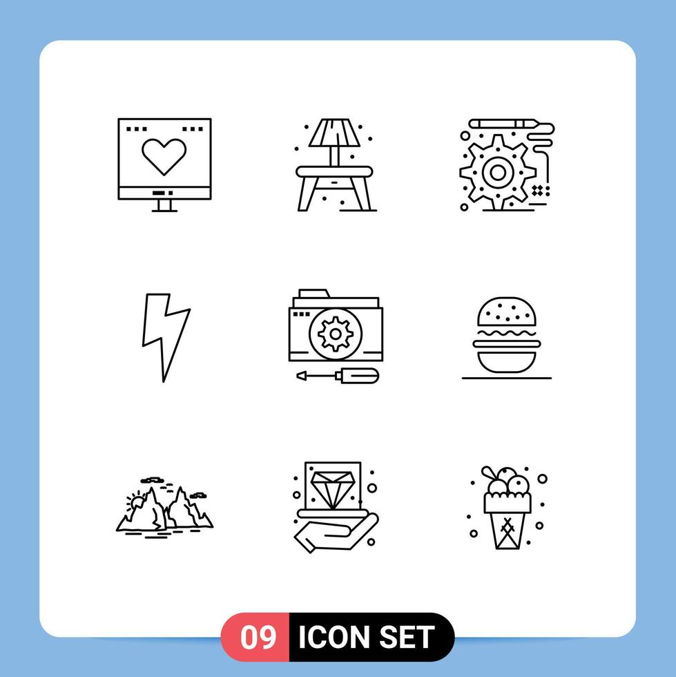 Set of 9 Modern UI Icons Symbols Signs for setting folder design configuration power Editable Vector Design Elements