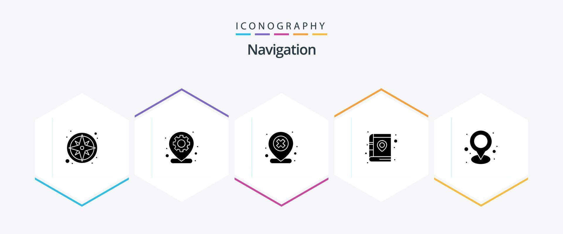 Navigation 25 Glyph icon pack including pin. library. gear. book. delete vector