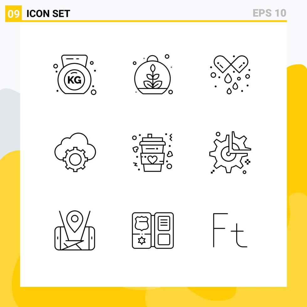 Group of 9 Outlines Signs and Symbols for cup settings pills cloud cloud Editable Vector Design Elements