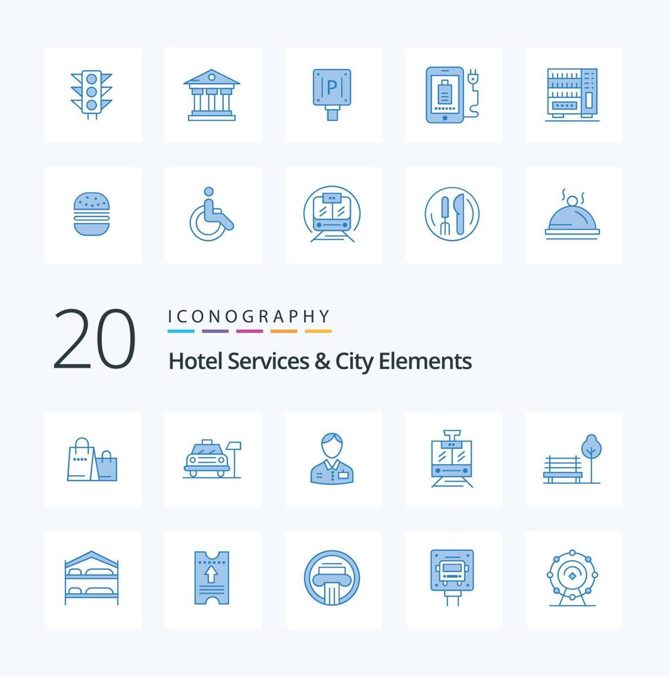 20 Hotel Services And City Elements Blue Color icon Pack like banch  service bellboy public service vector