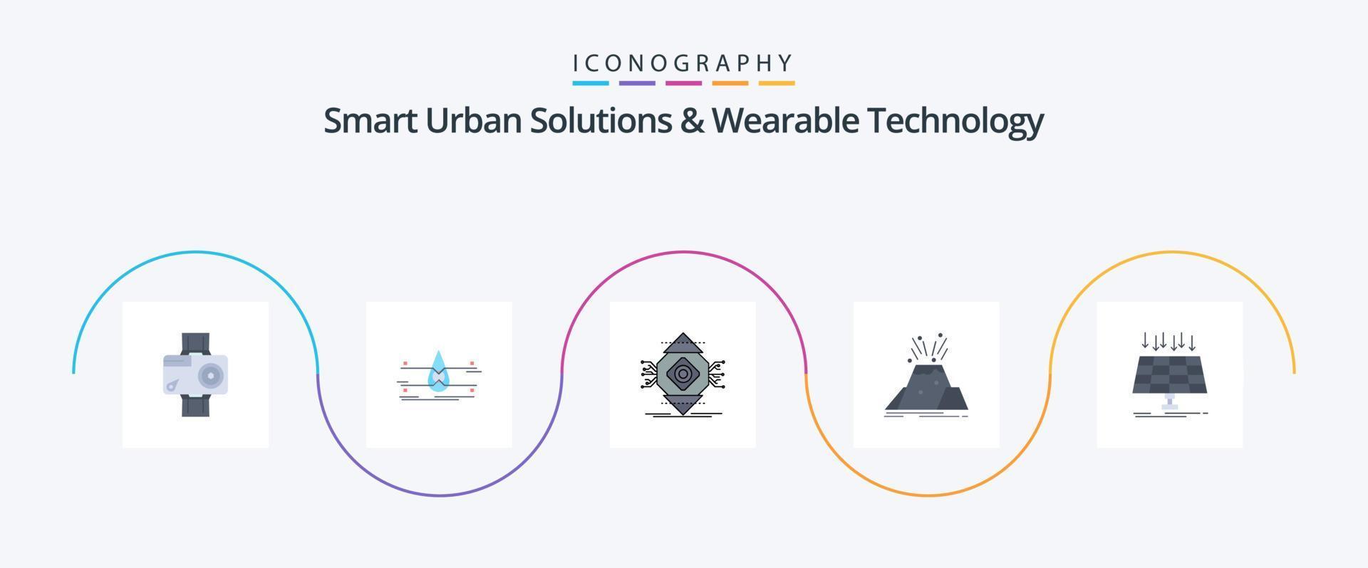 soluciones urbanas inteligentes y paquete de íconos flat 5 de tecnología portátil que incluye un volcán. desastre. seguridad. concepto. ubicuo vector