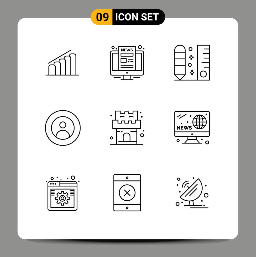 Universal Icon Symbols Group of 9 Modern Outlines of world people drafting global scale Editable Vector Design Elements