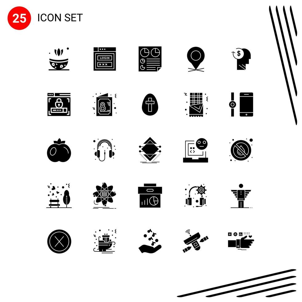 paquete de 25 signos y símbolos de glifos sólidos modernos para medios de impresión web, como elementos de diseño de vectores editables de ubicación de puntero de documento de pin de avatar
