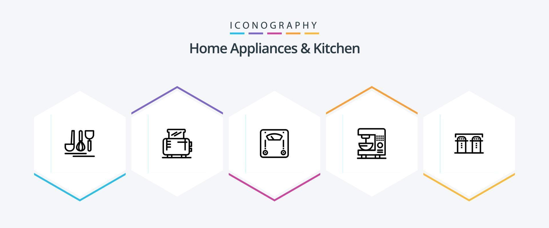 Home Appliances And Kitchen 25 Line icon pack including kitchen. weight. machine. weighing. machine vector