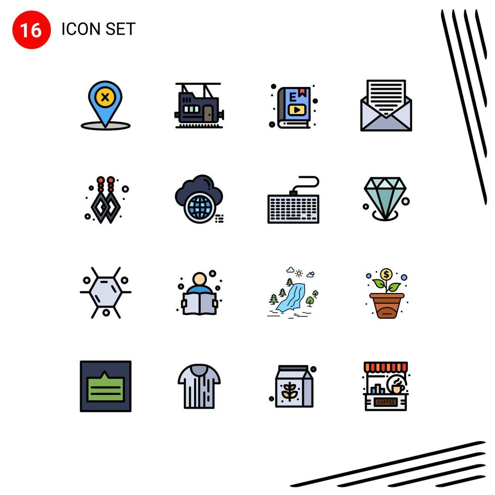 Group of 16 Flat Color Filled Lines Signs and Symbols for custom earrings envelope e learning email communication Editable Creative Vector Design Elements