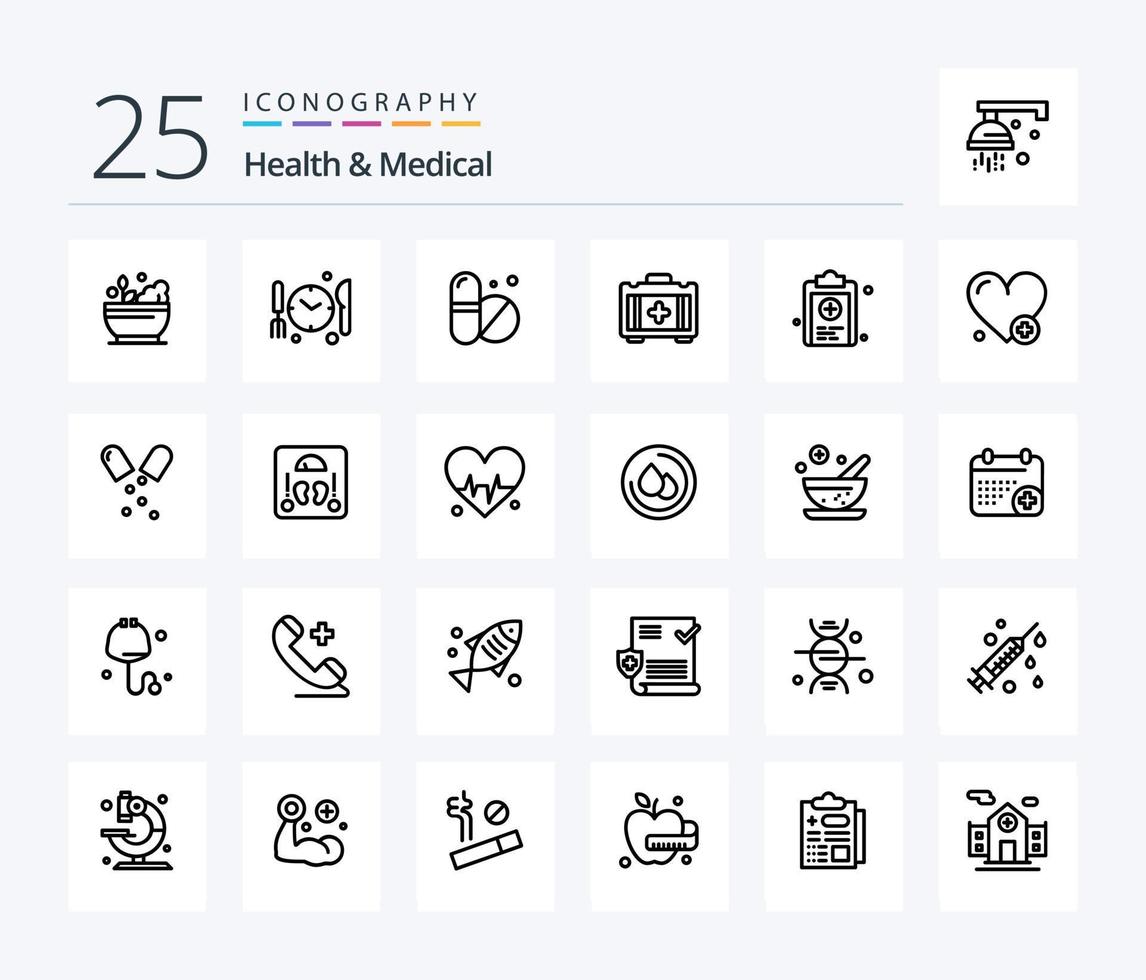 Health And Medical 25 Line icon pack including medical. medicine. pills. medical. healthbag vector