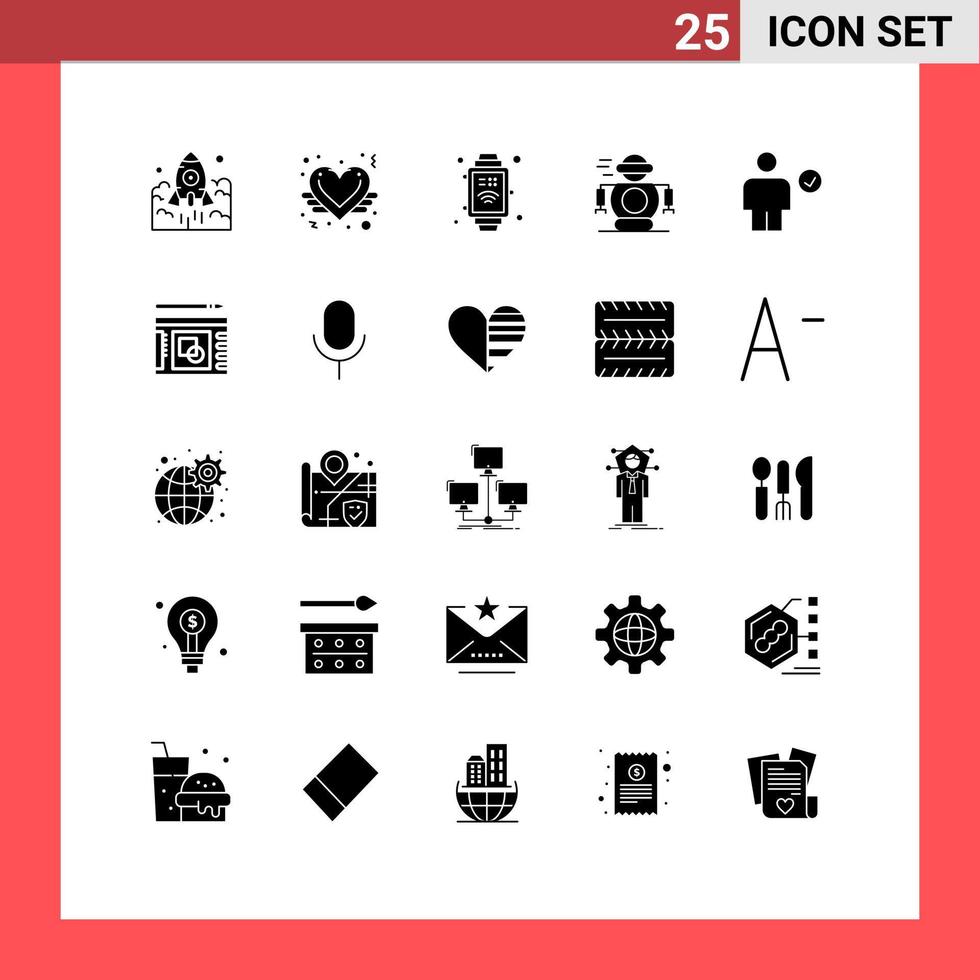 25 Universal Solid Glyph Signs Symbols of avatar robotic like technology internet of things Editable Vector Design Elements