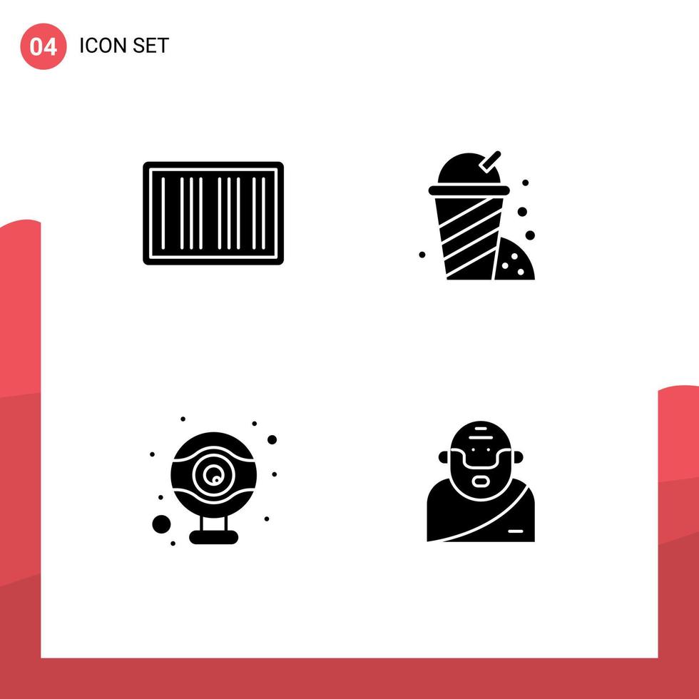 Mobile Interface Solid Glyph Set of 4 Pictograms of barcode webcam shopping garden greek Editable Vector Design Elements