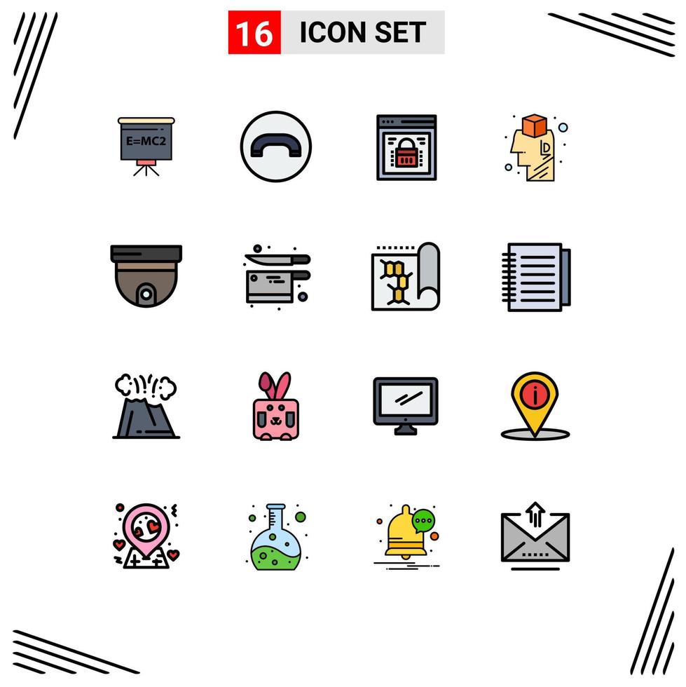 16 Universal Flat Color Filled Lines Set for Web and Mobile Applications roof idea page lock design brain Editable Creative Vector Design Elements