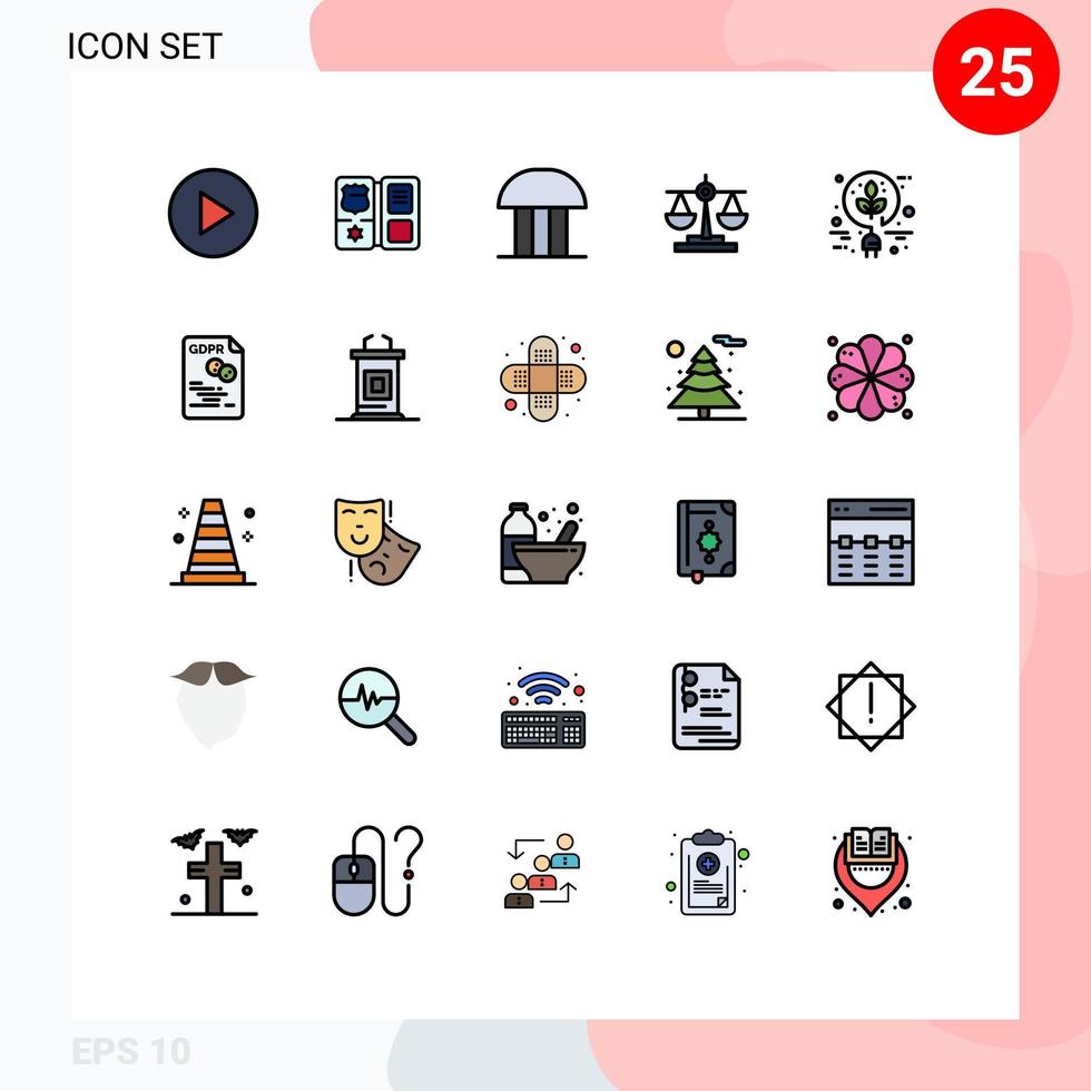 paquete de 25 modernos signos y símbolos de colores planos de línea rellena para medios de impresión web, como elementos de diseño de vectores editables de justicia de escala de construcción de tribunales de energía bio