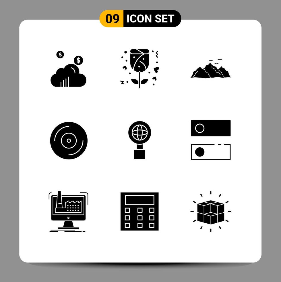 Group of 9 Modern Solid Glyphs Set for dns internet hill globe dvd Editable Vector Design Elements