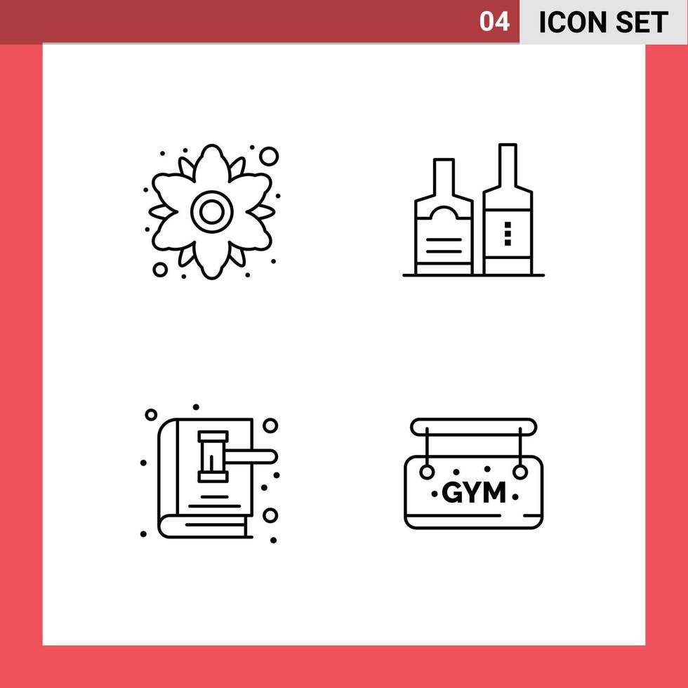 grupo de 4 signos y símbolos de colores planos de línea rellena para elementos de diseño de vectores editables de ley de botella de planta de libro de manzanilla