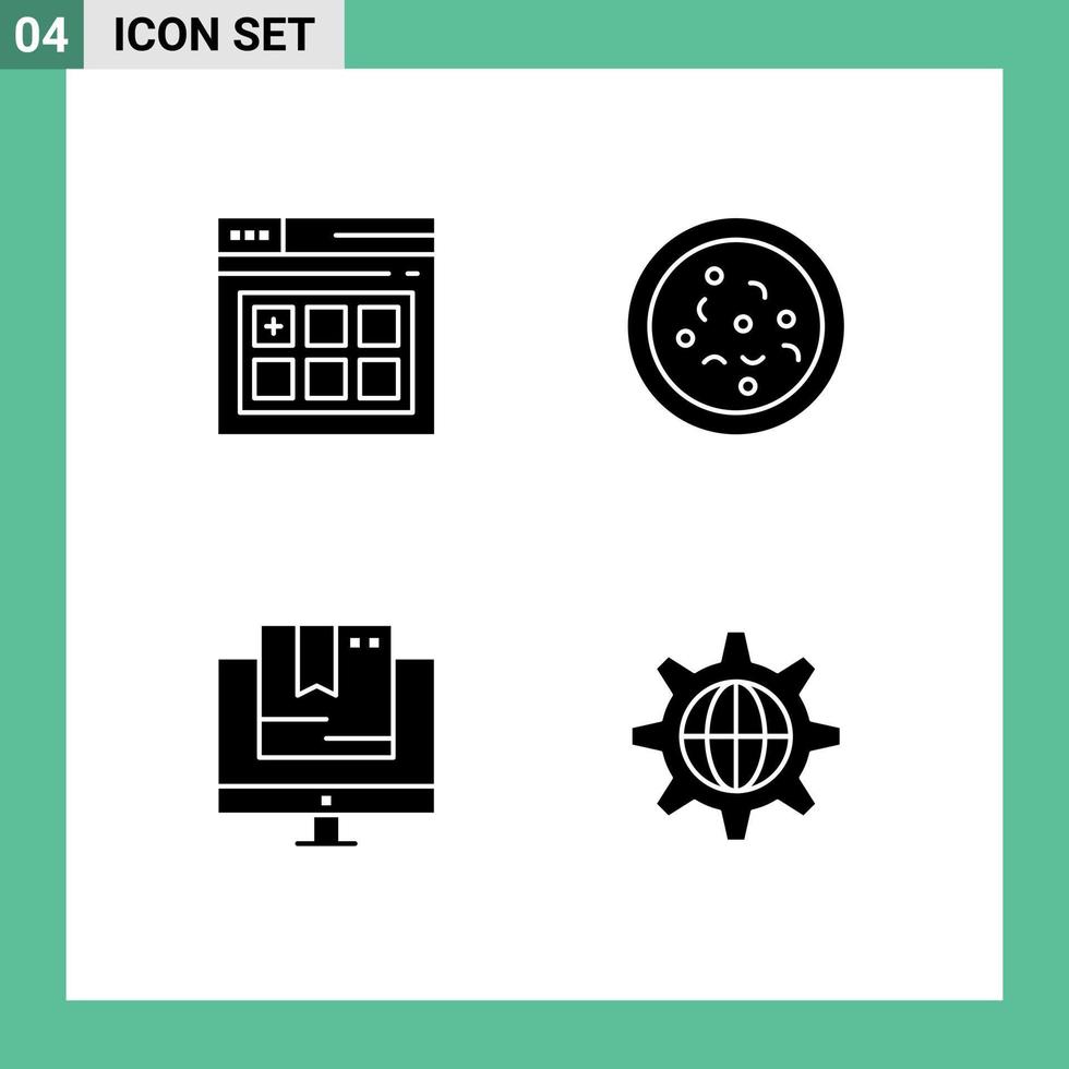 Set of 4 Commercial Solid Glyphs pack for web shop pizza commerce security Editable Vector Design Elements