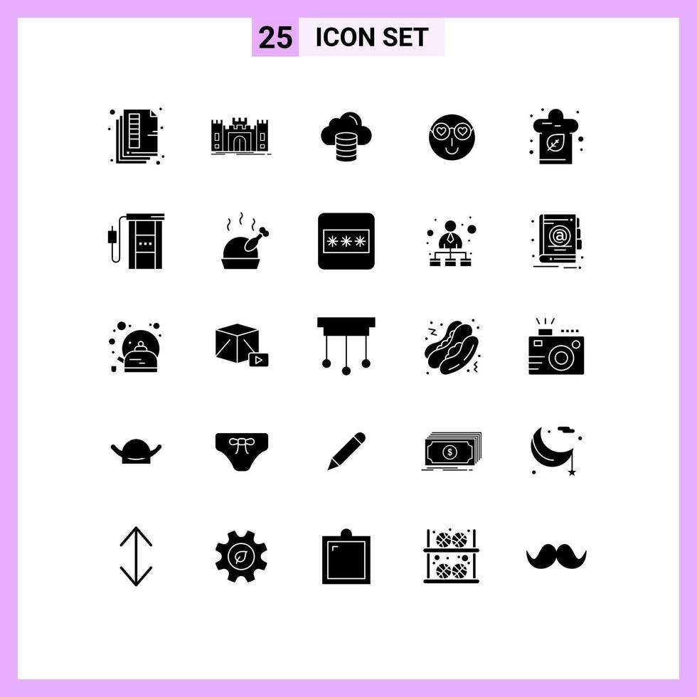 Pack of 25 Modern Solid Glyphs Signs and Symbols for Web Print Media such as cute emoji fortress smiley money Editable Vector Design Elements