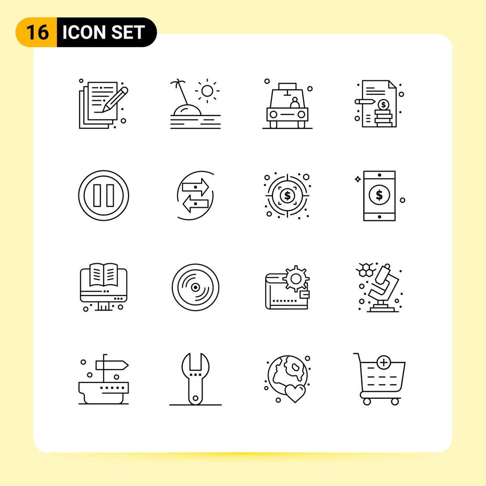 16 User Interface Outline Pack of modern Signs and Symbols of music business report car business paper taxi Editable Vector Design Elements